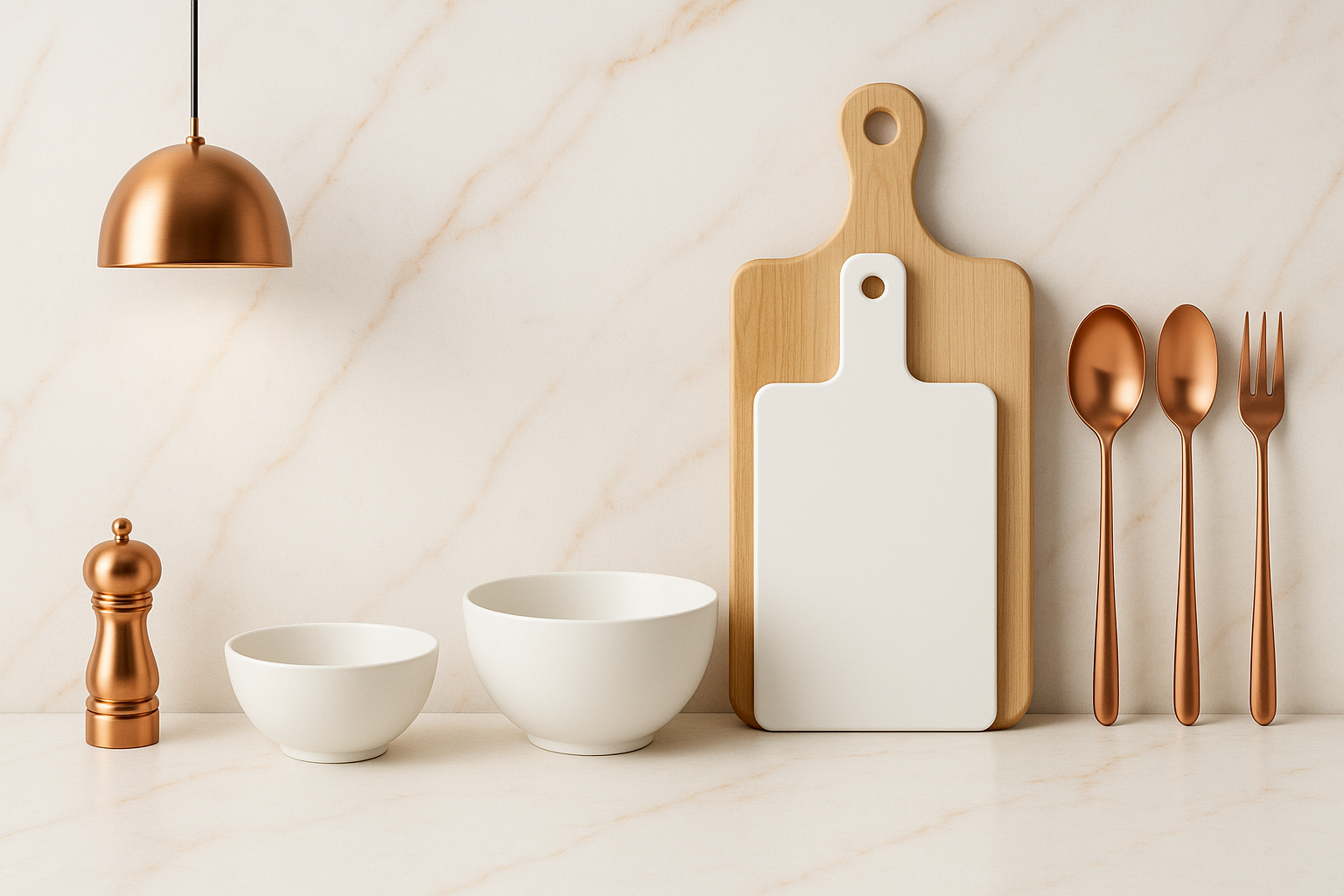 Luxury kitchen banner, modern and classy design, white and orange color theme, elegant kitchen accessories on marble background, clean and minimal Shopify store style, high-end premium look.