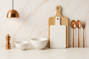 Luxury kitchen banner, modern and classy design, white and orange color theme, elegant kitchen accessories on marble background, clean and minimal Shopify store style, high-end premium look."